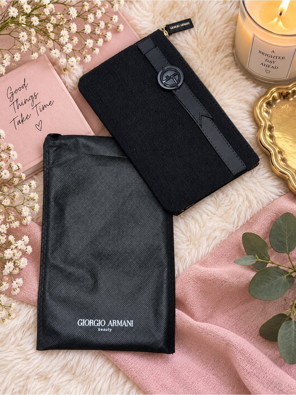 Giorgio Armani Black Textured Makeup  Pouch with Logo Accent-Sleeve Included